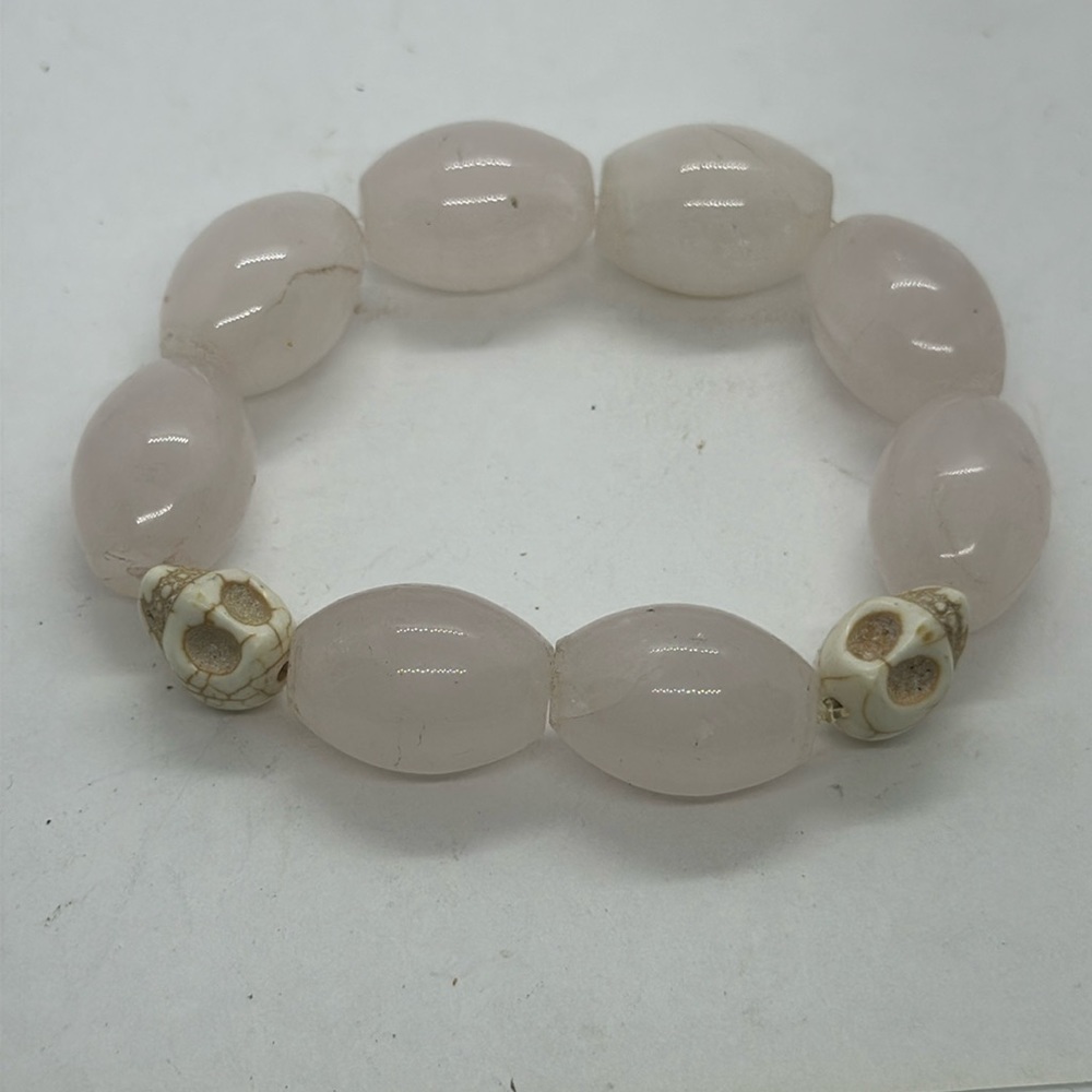 Large Rose Quartz Beaded  Skull Bracelet